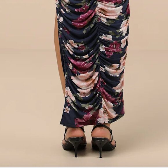 Lulus Averie Navy Floral Mesh Strapless Maxi Dress Blue - Size S - Picture 4 of 7